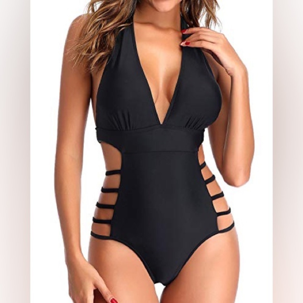 NEW Tempt Me Women Sexy One Piece Plunge V Neck Halter Cutout Monokini - medium 